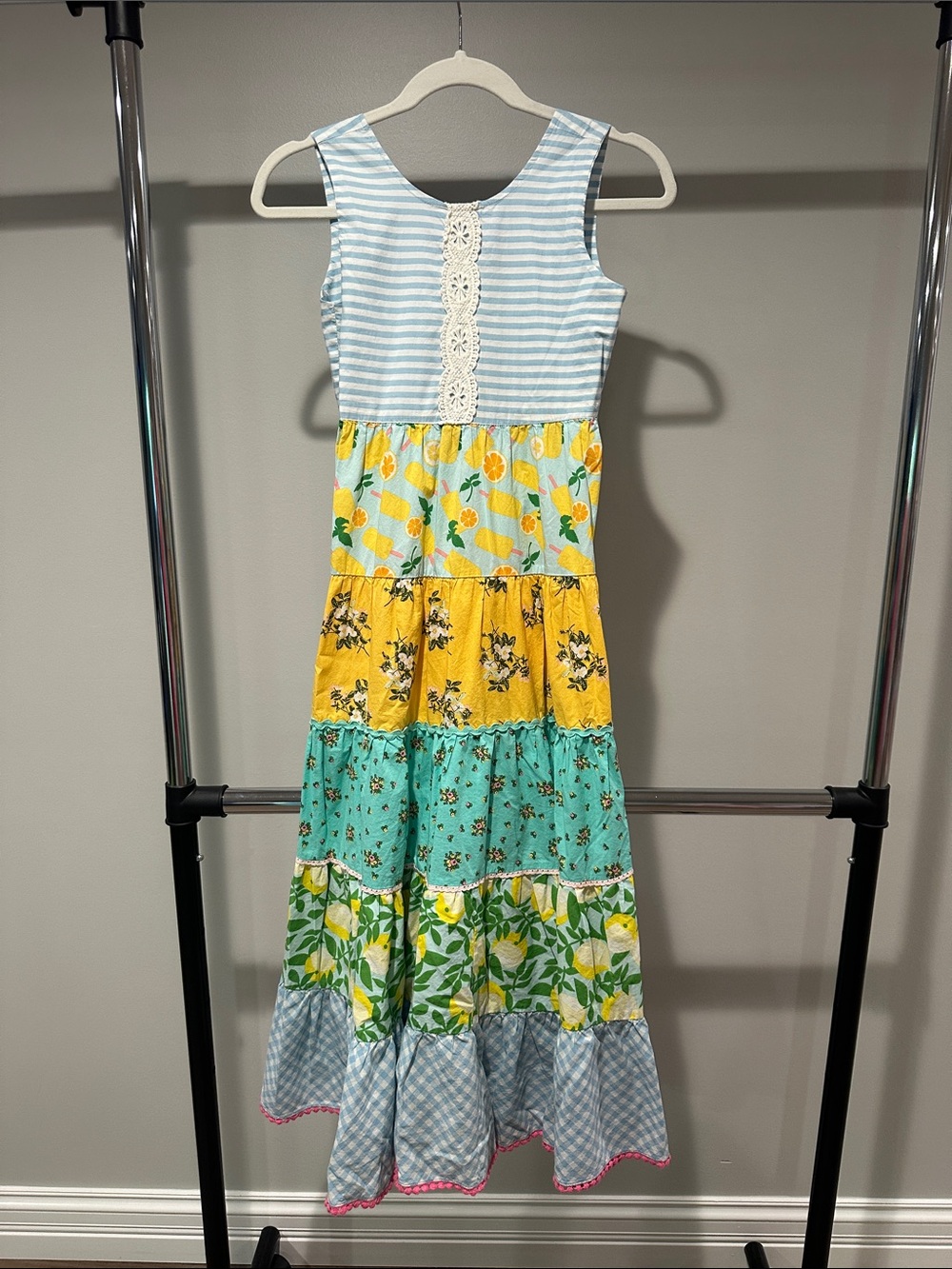 Matilda Jane Blue, Yellow & Teal Tiered Patchwork Dress size 12